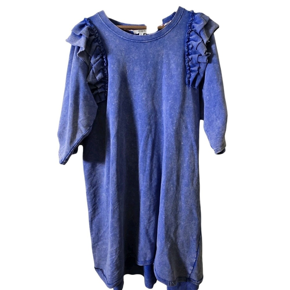 Umgee Tunic Dress Womens XL Blue Acid Wash Ruffle Shoulder 3/4 Sleeve WK7820